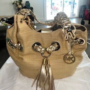 Large Michael Kors Straw & Braided Drawstring Leather Tote/purse Bag, gorgeous!